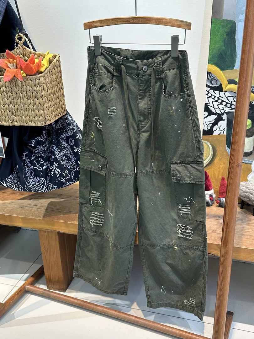 chalan 2025春款百搭抽绳破洞晕染工装牛仔裤H25C0316