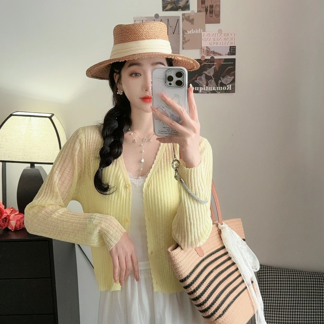 【天丝亚麻】夏季新款糖果色V领短款针织开衫女防晒上衣