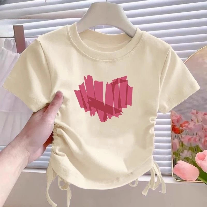 纯棉短袖女童2025夏季短袖T恤儿童抽绳新款半袖洋气卡通设计上衣