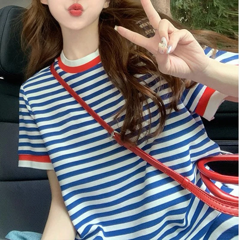 蓝色复古条纹短袖t恤女2025新款夏季简约设计感正肩宽松上衣ins