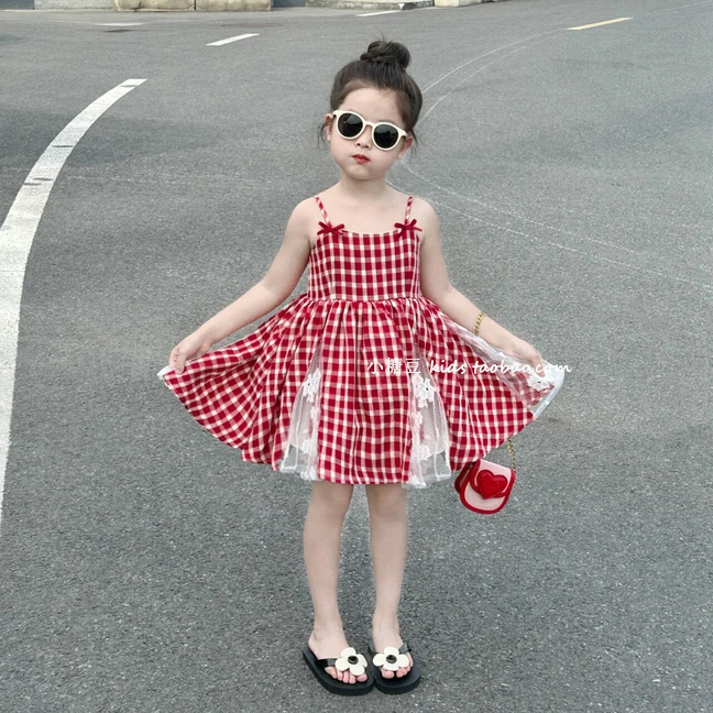 女童红色格子拼接蕾丝吊带连衣裙2025夏季新款女孩生日裙公主裙子