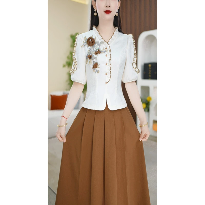 【上下套装】夏款立领设计感优雅气质女装中式两件套套装裙M-4XL