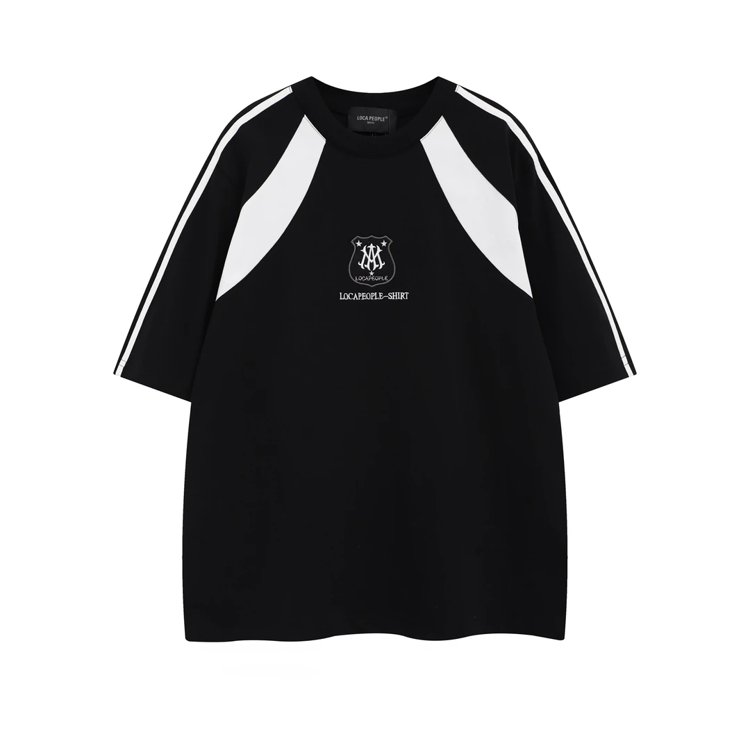 高街时尚短袖休闲纯棉T恤男美式印花拼接潮流半袖情侣水洗T恤夏季