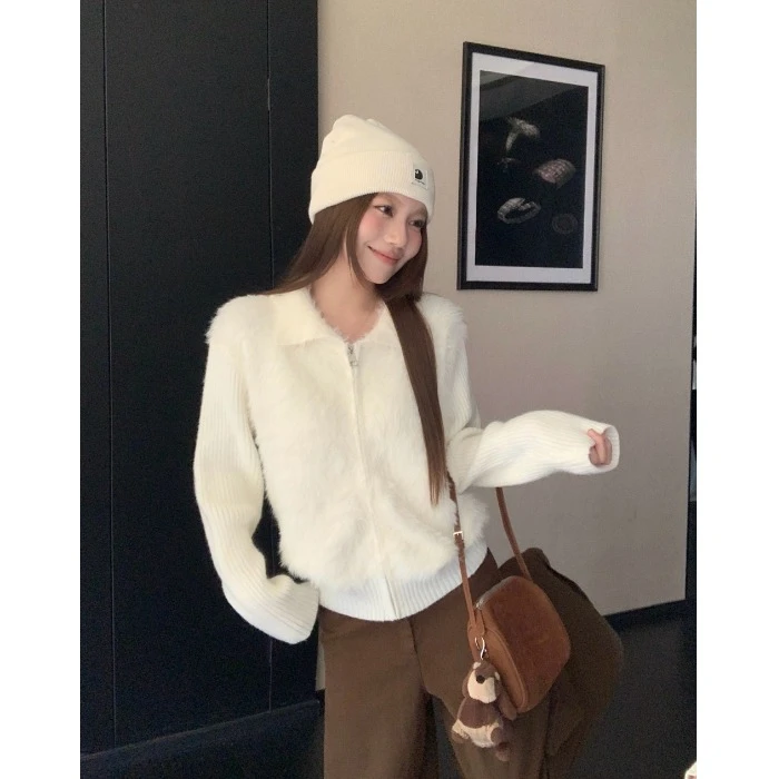 宽松毛毛拼接翻领长袖针织外套女秋冬温柔风毛衣开衫百搭韩系上衣