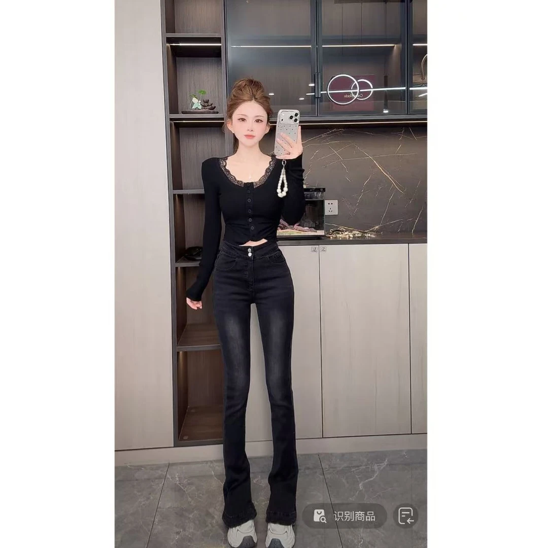 曼曼【修腿黑马】加绒修身显瘦马蹄牛仔裤Z1606#