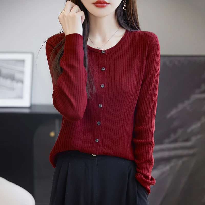 新款薄款莱赛尔天丝桑蚕丝精纺羊毛高腰圆领开衫短款上衣修身外套