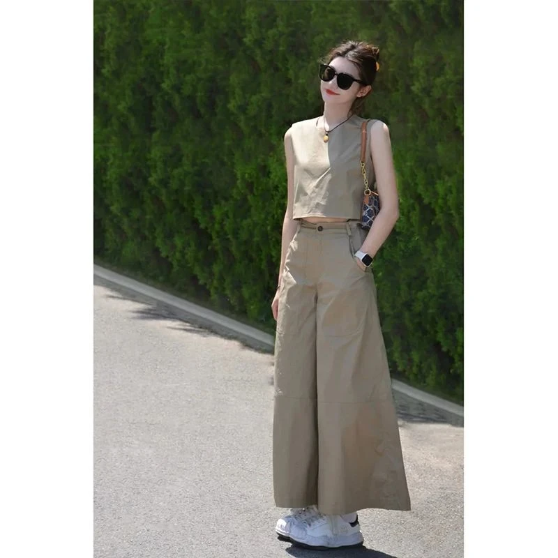 2025夏日时尚简约休闲修身显瘦无袖背心上衣高腰直筒阔腿裤两件套