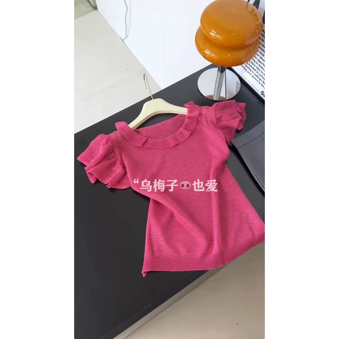 甜辣小衫飞飞袖圆领针织t恤女2025夏季甜美小众玫红色短袖上衣