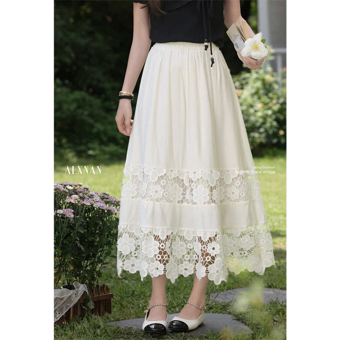 【品牌撤柜款ZB】法式米杏色蕾丝拼接半身裙夏季女优雅长裙L557126