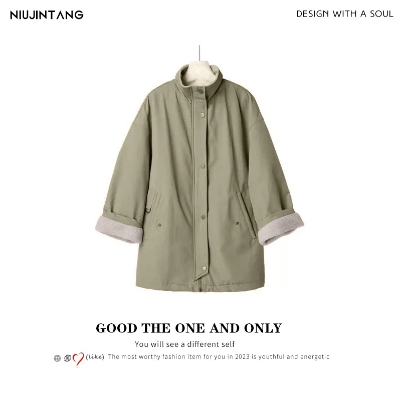 [NJT]韩系派克服中长款风衣女2024冬季新品拼接毛毛加厚外套8853