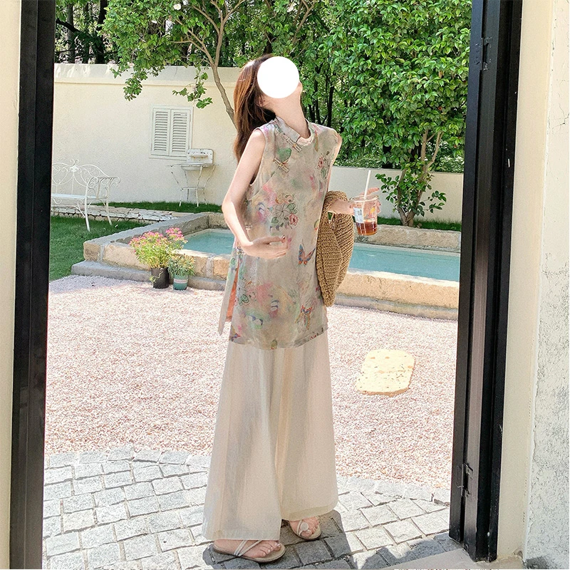 新中式国风套装女2025夏新款气质超好看印花无袖背心阔腿裤两件套