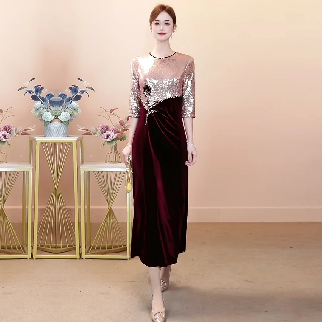 七分袖常规圆领短裙摆钉珠礼服显瘦晚礼服喜婆婆婚礼妈妈礼服