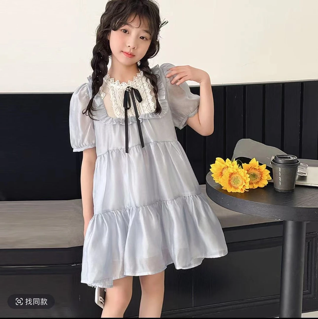 夏季新款清透感蓝色蕾丝短裙超仙洋气小清新纯欲风森系甜美连衣裙