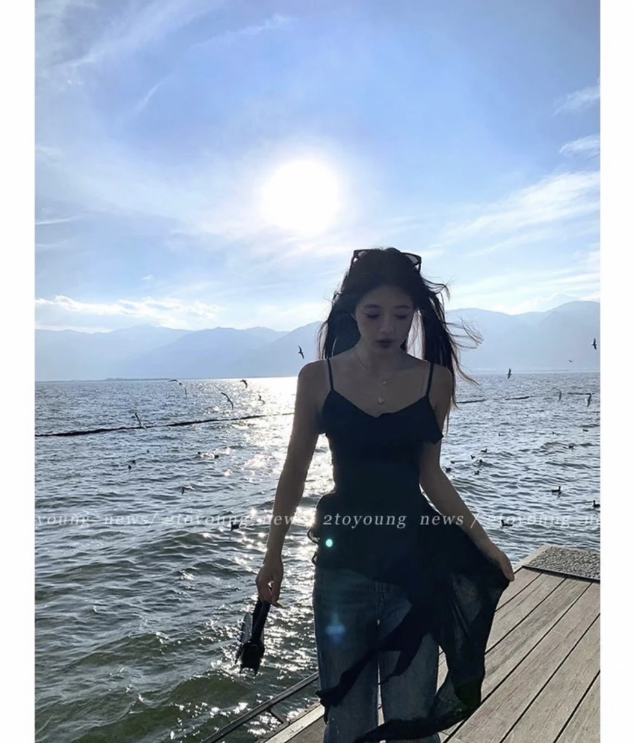 3L21-627夏季新款甜辣风荷叶边收腰显瘦时尚气质吊带无袖背心上衣