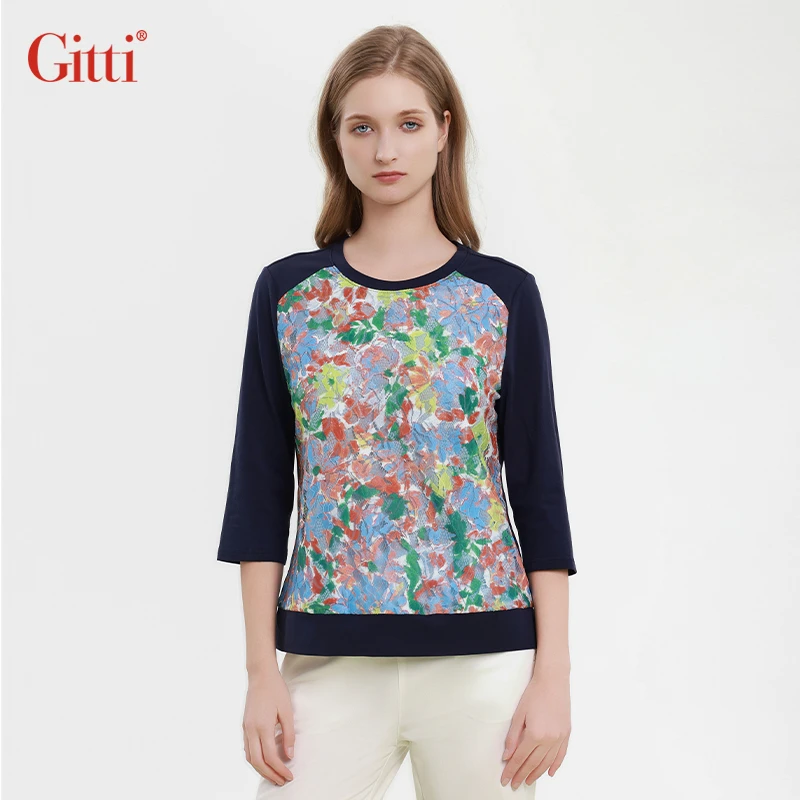 2025春夏新品提花蕾丝拼接印花棉感七分袖T恤女G251113