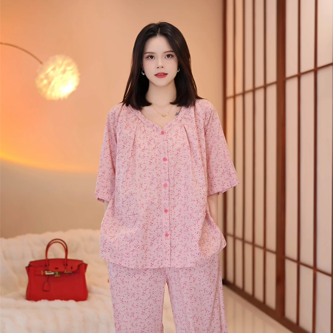 芙蓉世家【粉碎花~中袖】春夏新品纯棉100舒适家居服套装可外穿FE