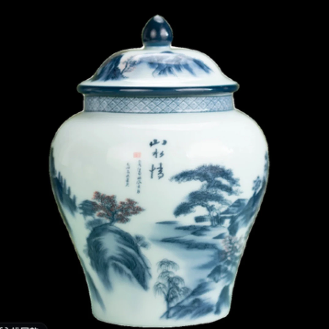 青花山水情将军罐陶瓷密封罐茶叶罐家用摆件一罐多用