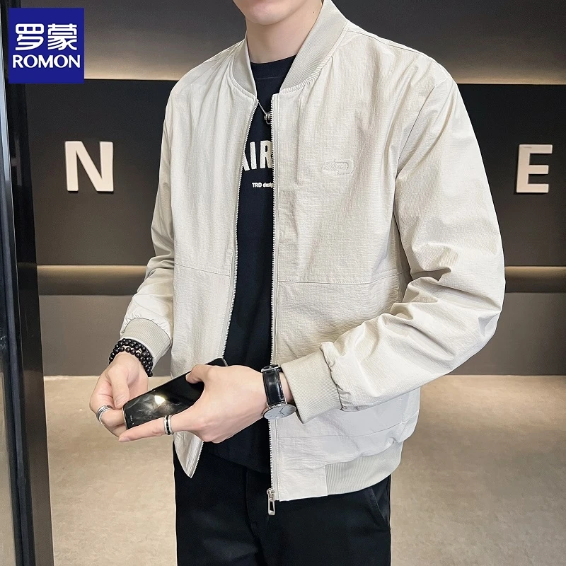 罗蒙新款棒球领外套男士春秋季韩版修身休闲夹克纯色薄款透气上衣
