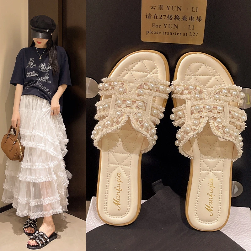 小香风软底凉拖珍珠2025新款仙平底拖鞋女外穿百搭夏季沙滩凉拖鞋