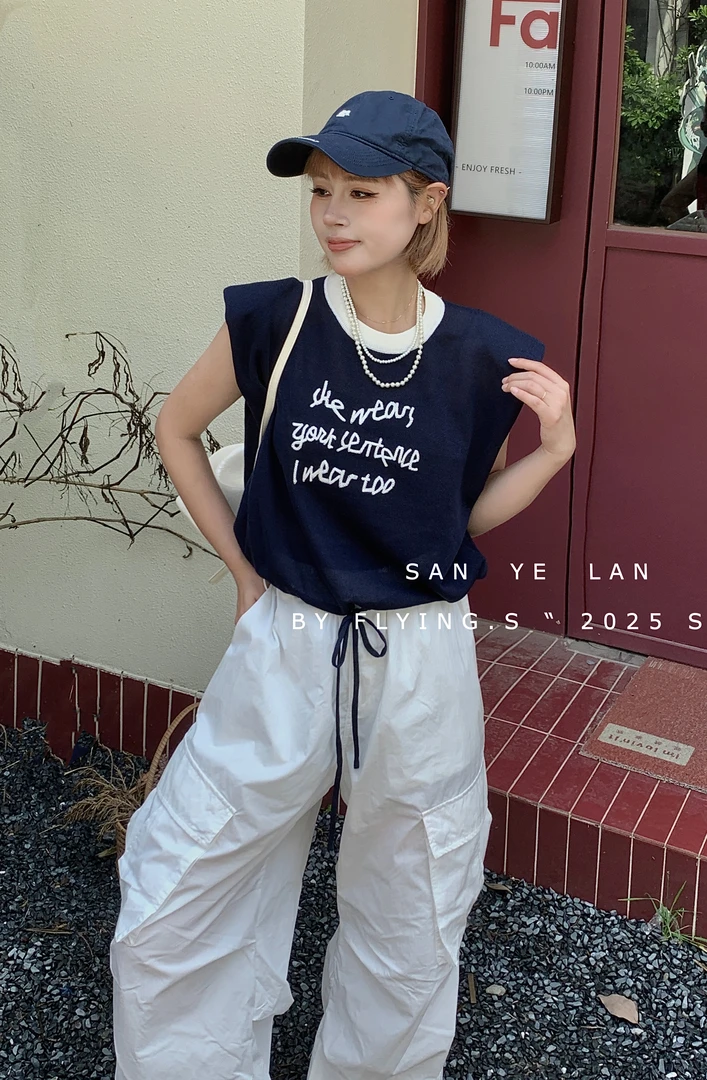 SYL2025夏季新款飞袖刺绣圆领字母休闲宽松针织衫4649