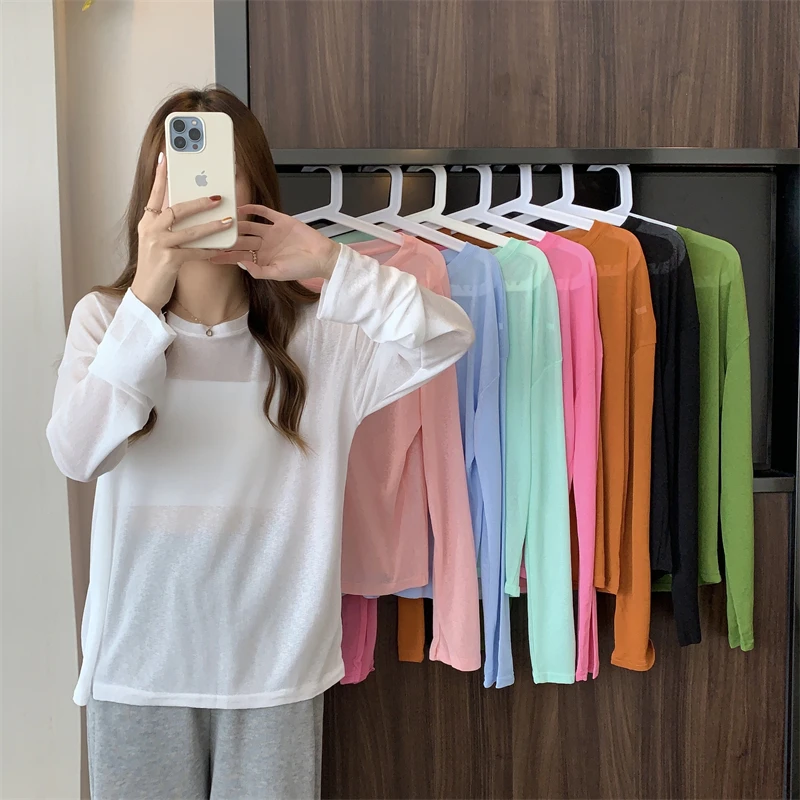 夏季爆款女装薄款多巴胺色系长袖T恤防晒衫圆领时尚百搭