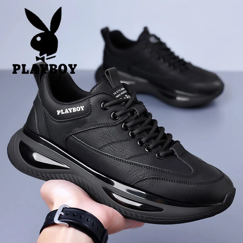 花花公子莆田男鞋2025新款冬季纯黑色运动鞋防滑防水厚底工作皮鞋