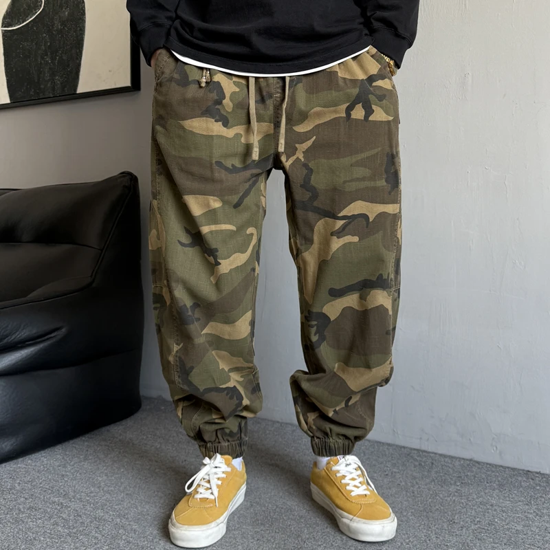 春季美式休闲痞帅户外复古迷彩裤男宽松抽绳百搭束脚工装裤子纯棉
