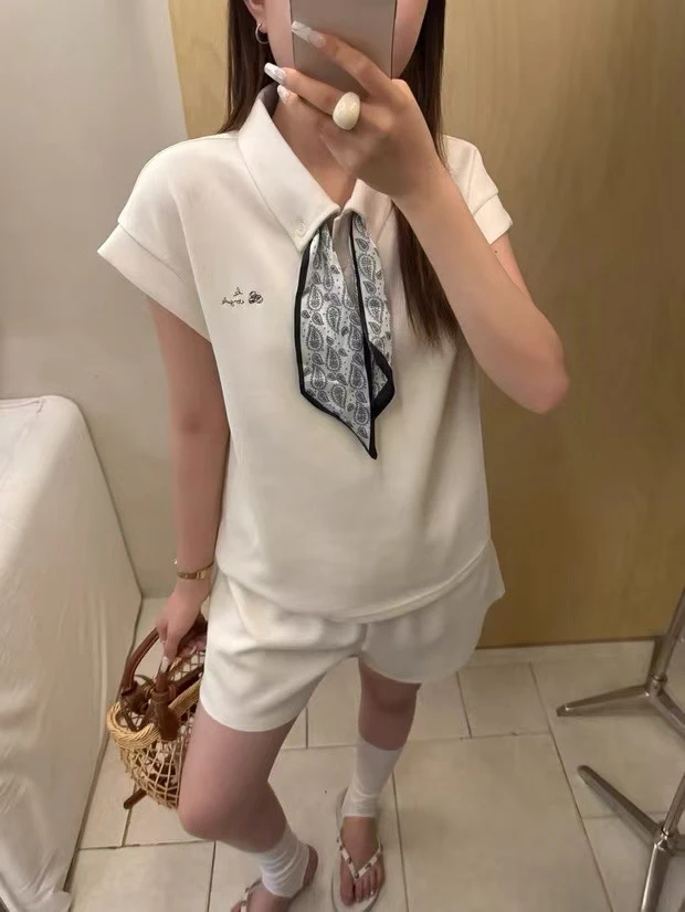 欧洲站2025夏季配丝巾Polo领半袖上衣+短裤两件套时尚休闲套装女