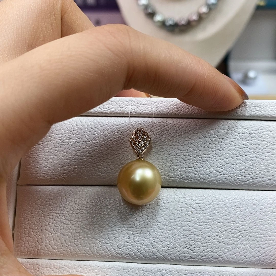 海水珍珠18K金镶嵌吊坠(不含链)12.8m南洋浓金珠吊坠（茶金品质）