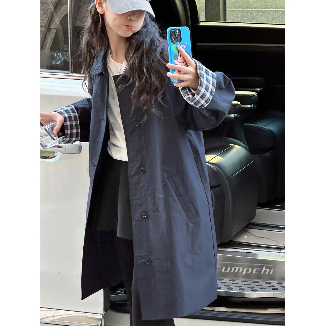 K29836孙小美格纹袖女童风衣外套2025秋装新款儿童中长款上衣时髦