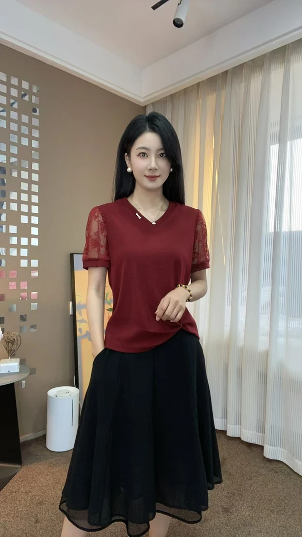 2025夏款V领纯色提花小标气质精品洋气时尚减龄显瘦短袖小衫T恤