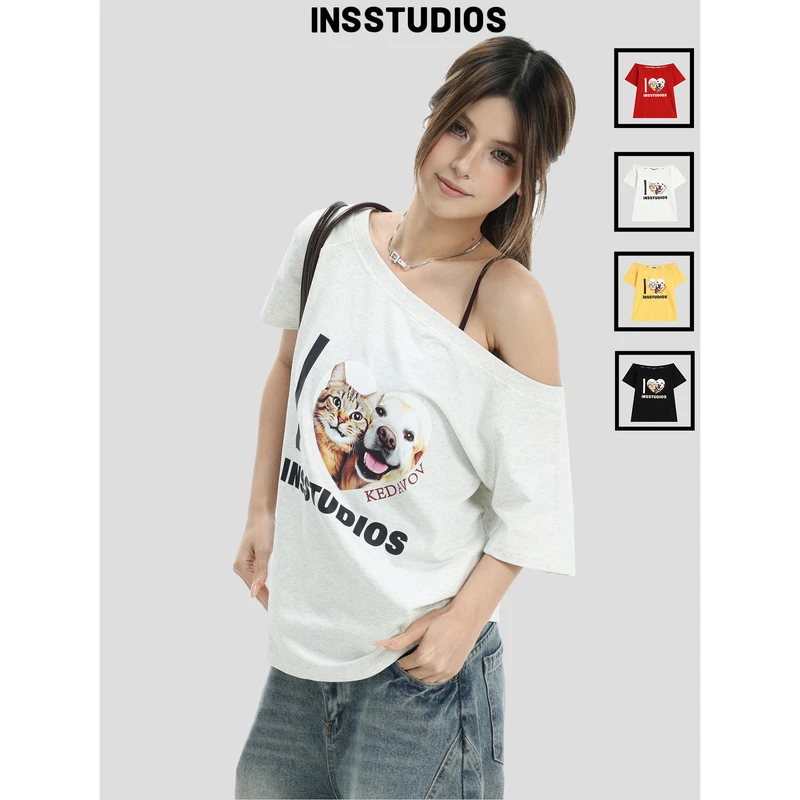 INSstudios 国潮牌美式小猫小狗一字肩短袖宽松夏季斜肩上衣t恤女