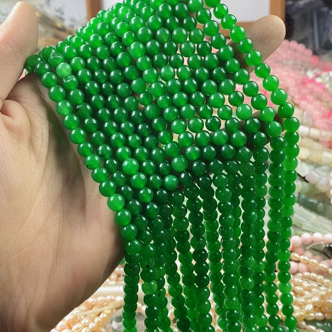 玛瑙/玉髓珠宝半成品合金一条天然6mm绿玉髓圆珠A32
