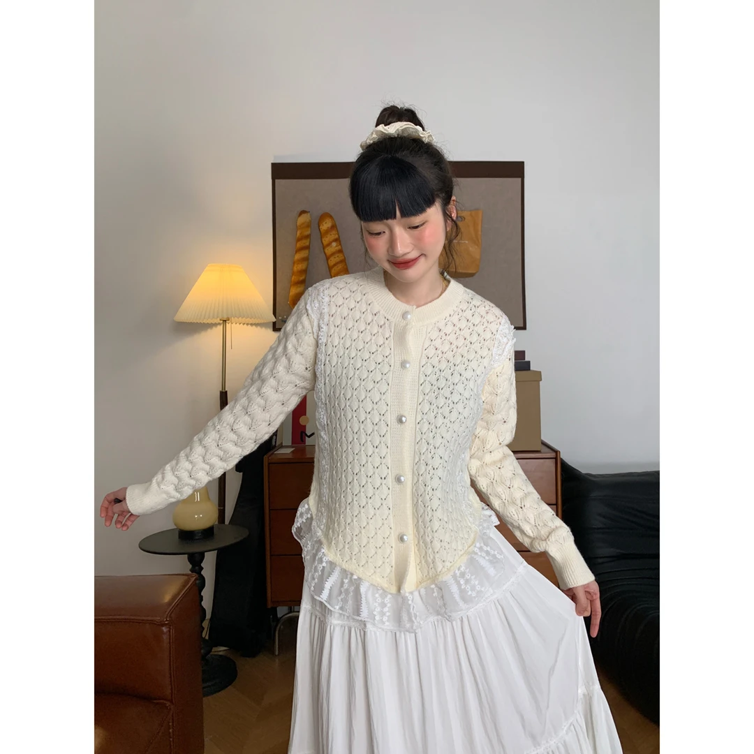 蕾丝花边提花针织开衫女韩版秋冬新款减龄百搭显瘦软糯毛衣外套潮