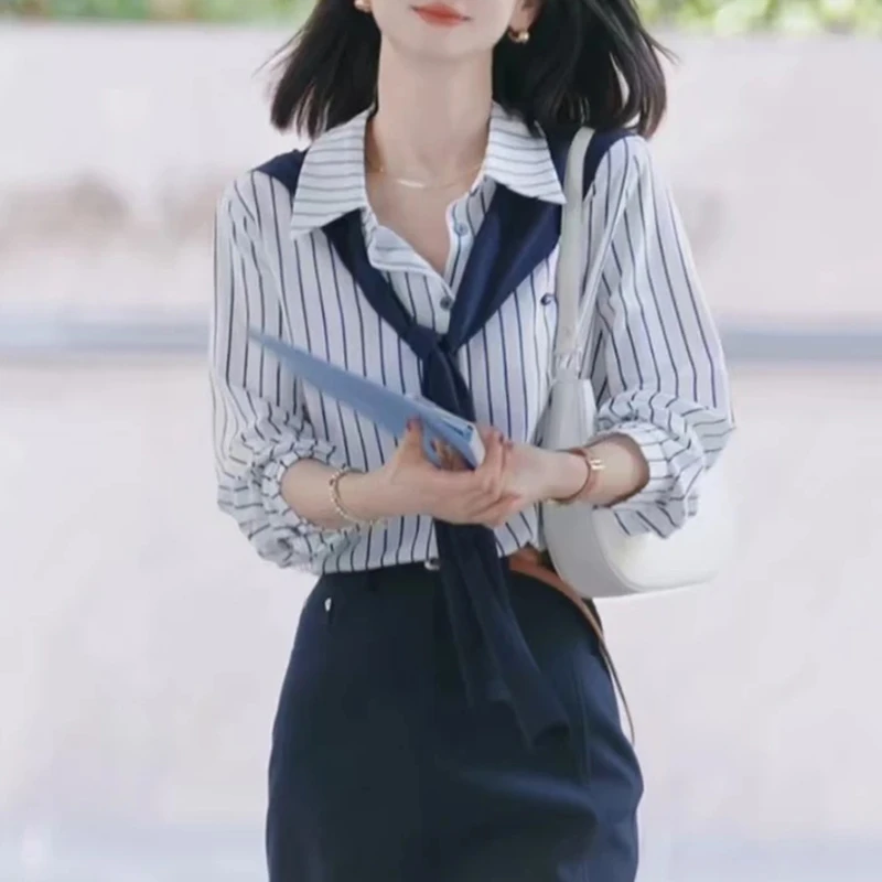 设计感条纹披肩长袖衬衫女2025春秋新款气质衬衣宽松显瘦通勤上衣