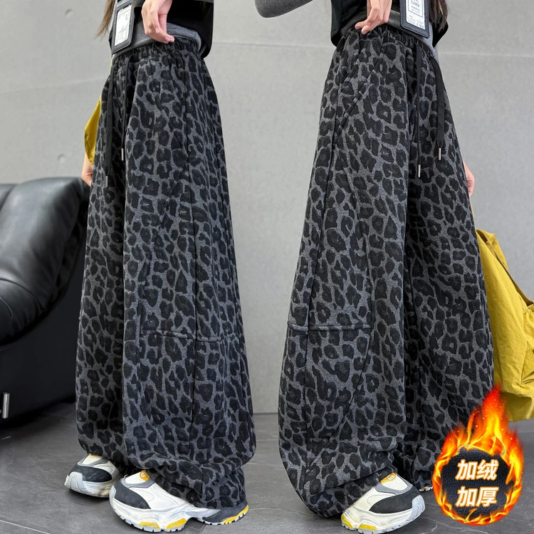 女童豹纹加绒裤子秋冬韩版女大童时髦一体绒弯刀裤儿童加厚阔腿裤