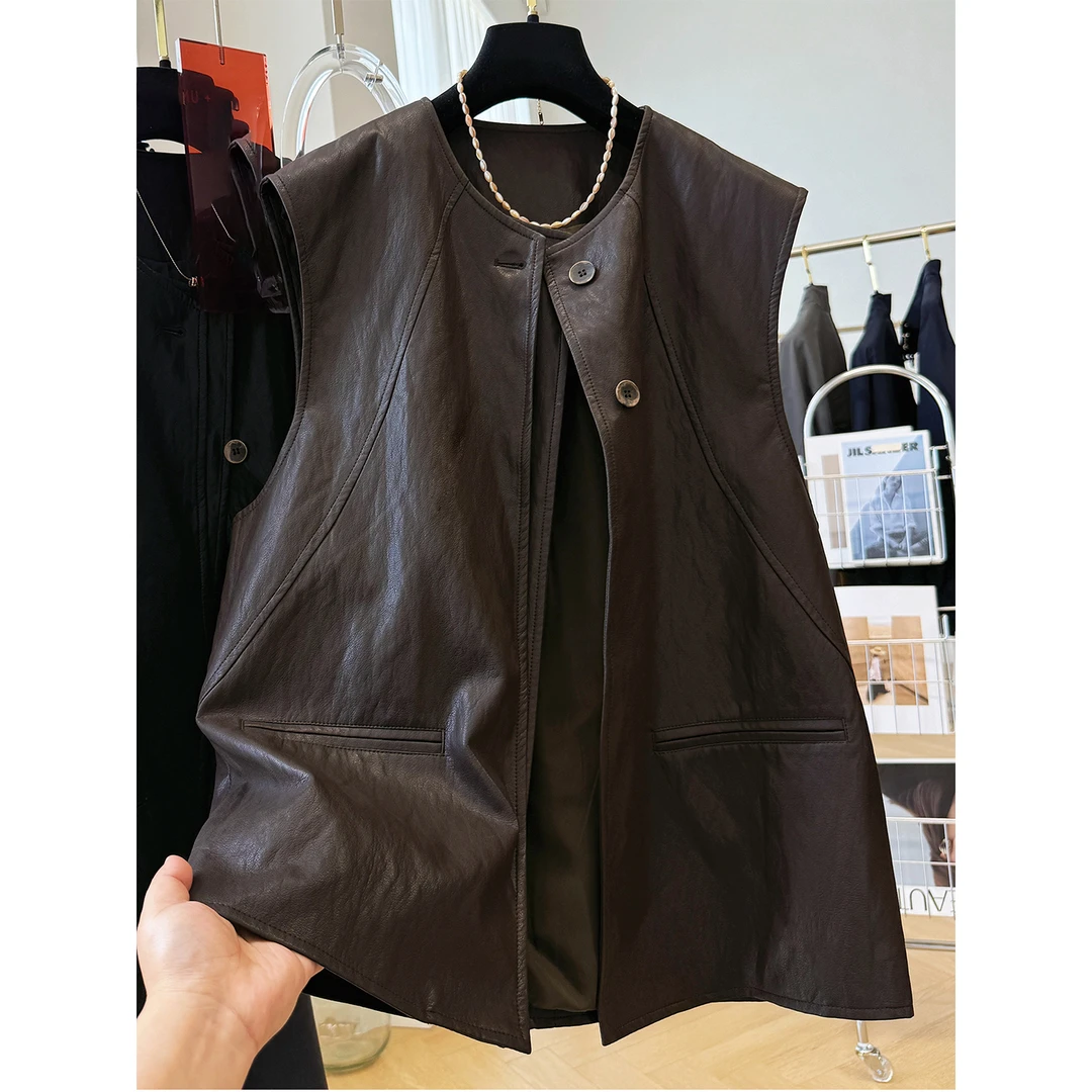 皮马甲女2025春秋新款胖妹妹圆领无袖叠穿背心外套马夹上衣高级感