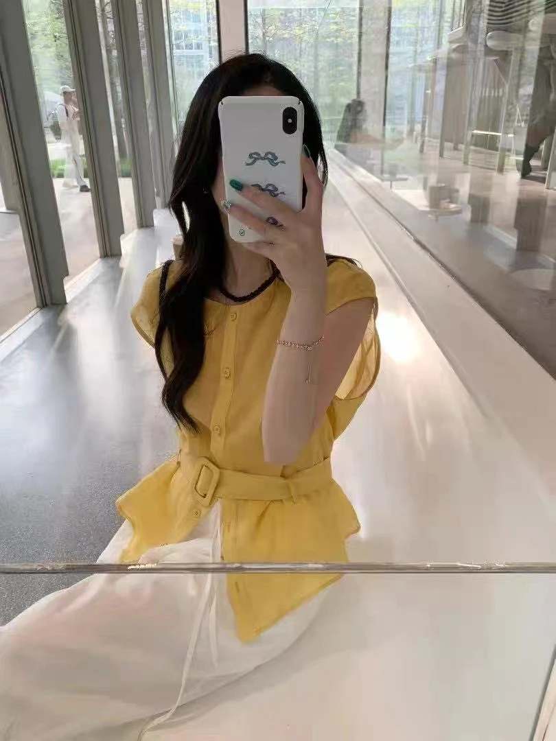 夏季小众设计感独特别致上衣法式高级感配腰带收腰显瘦无袖衬衫女