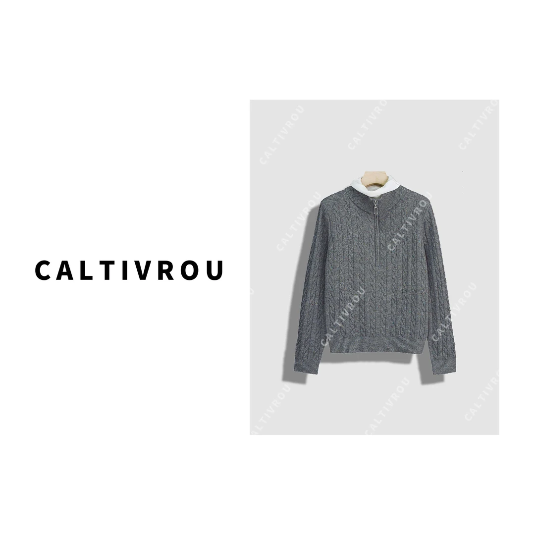 【菲儿】复古绞花半拉链假两件拼接针织衫-Y18831