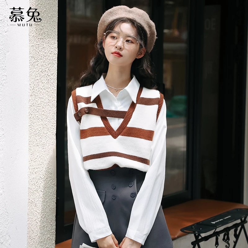 慕兔条纹针织马甲衬衫两件套女2024秋季复古背心叠穿上衣套装