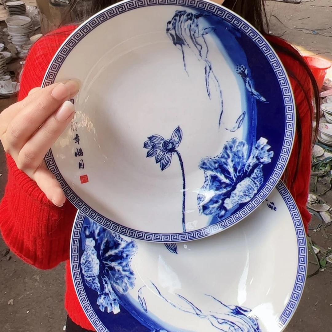 摆件陶景德镇陶瓷荷花8寸盘2个