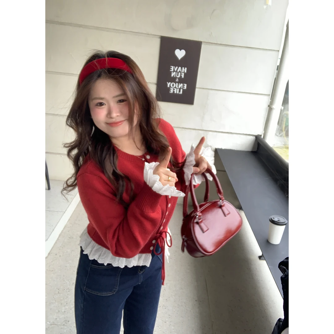 现货【琉璃之梦】大头婷微胖定制毛衣圆领花边下摆长袖抽绳收腰开衫