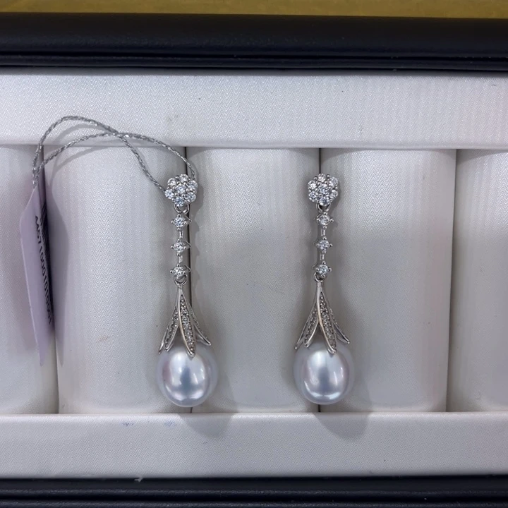 海水珍珠漏澳白设计款耳坠9-10mm银S925镶嵌
