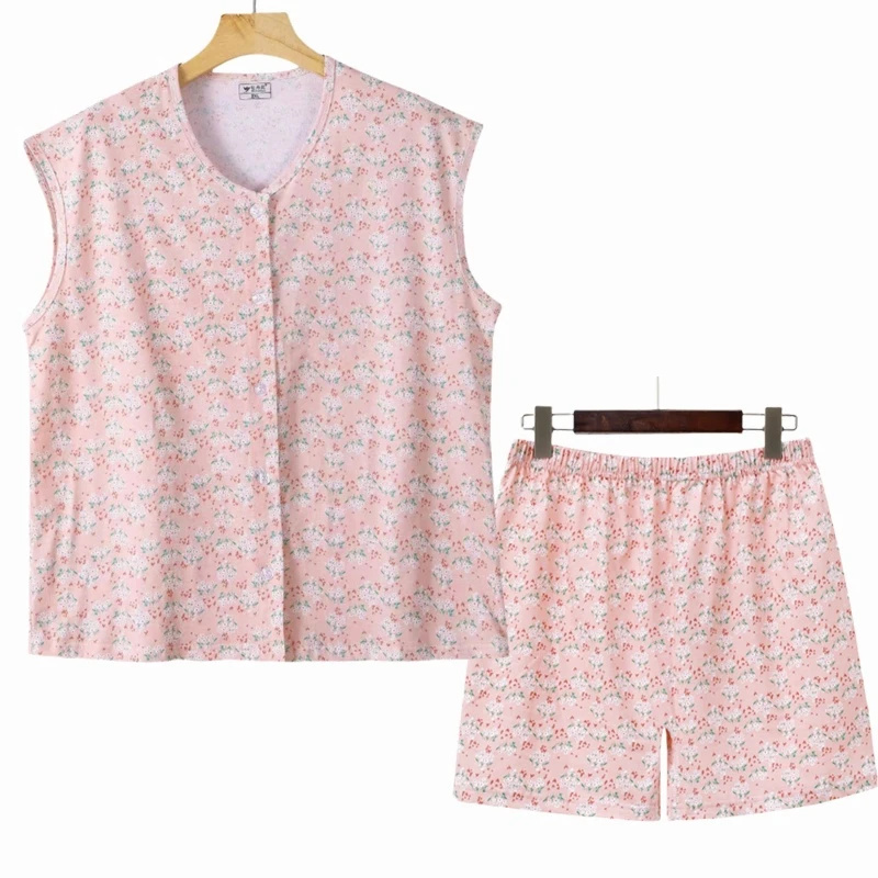 中老年开衫短袖短裤套装妈妈薄款纯棉家居服宽松透气吸汗睡衣短裤