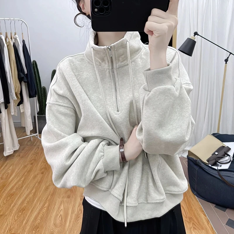 秋冬加绒加厚设计感连帽立领卫衣女韩版套头百搭休闲短款外套潮
