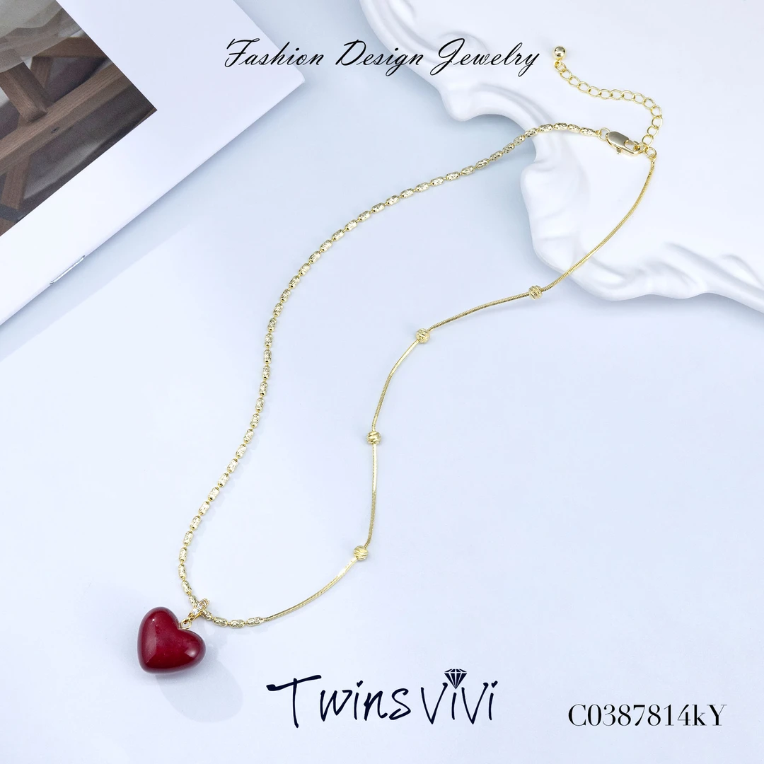铜合金合成锆石项链 Twins VIVI  酒红色爱心吊坠项链/C03878