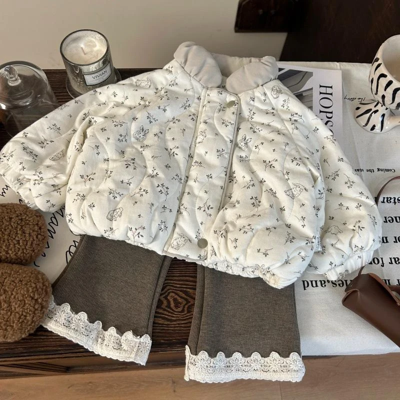 儿童2025新款秋冬女童碎花加厚外套棉衣棉服花边喇叭裤两件套