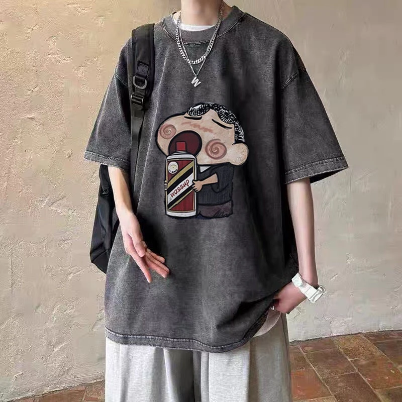 水洗夏季美式重磅纯棉印花复古衣服潮牌短袖男装宽松休闲T恤半袖