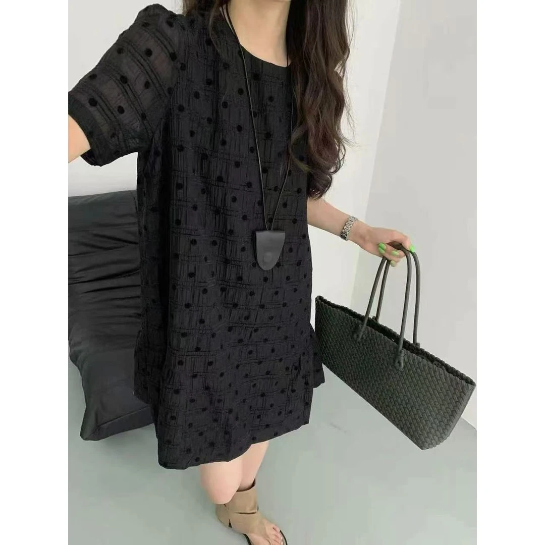 Qiong人手款！设计感韩系黑色波点显瘦百搭泡泡袖连衣裙（含挂件）