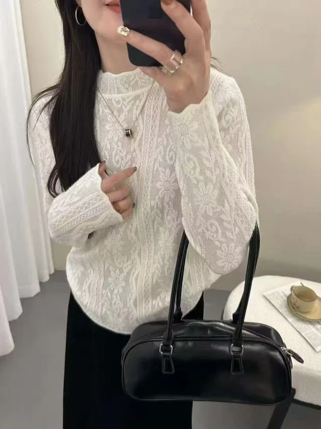 3210【臻炫女装】新款高级感设计花边领纯色蕾丝秋冬打底衫修身时尚